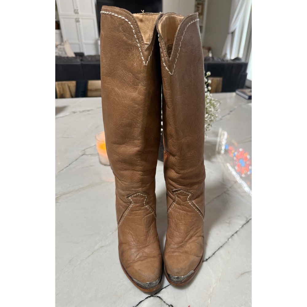 Vintage Zodiac USA Tan Leather Western Boots Metal Toe Rand Stacked Heel Size 8M